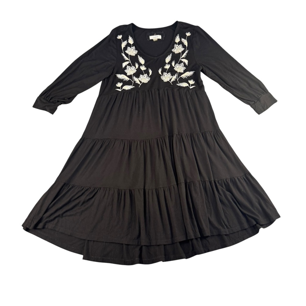 Cupio Black Embroidered Tiered Babydoll Dress Long Sleeve Floral V-Neck Small
